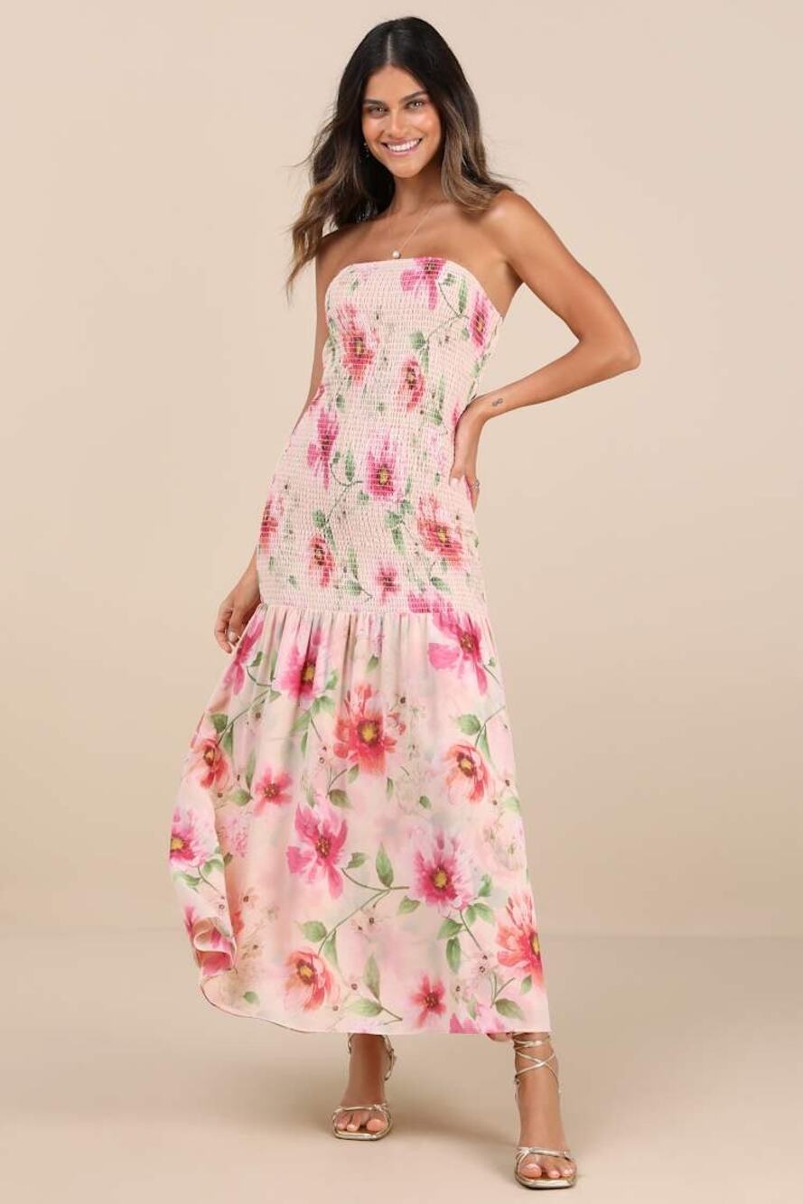 NWT Lulus Balbina Beige Pink Floral Smocked Strapless Drop Waist Maxi Dress Sz L